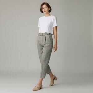 Ann Taylor Petite Plaid Paperbag Pants 4P Belted Cropped Neutral Check Preppy